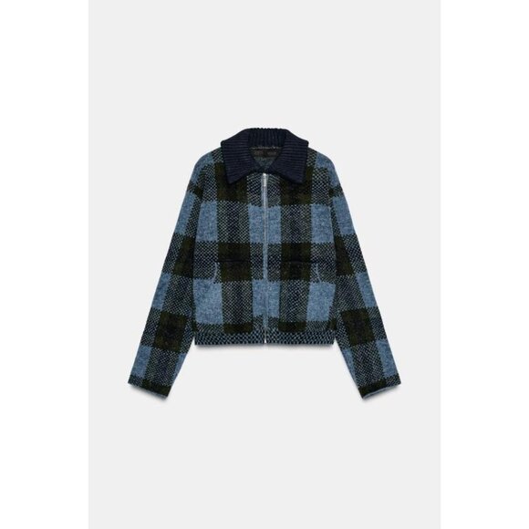 ZARA PLAID KNIT BOMBER JACKET - Picture 3 of 5